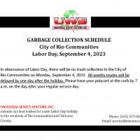 Universal Waste System Labor day trash schedule