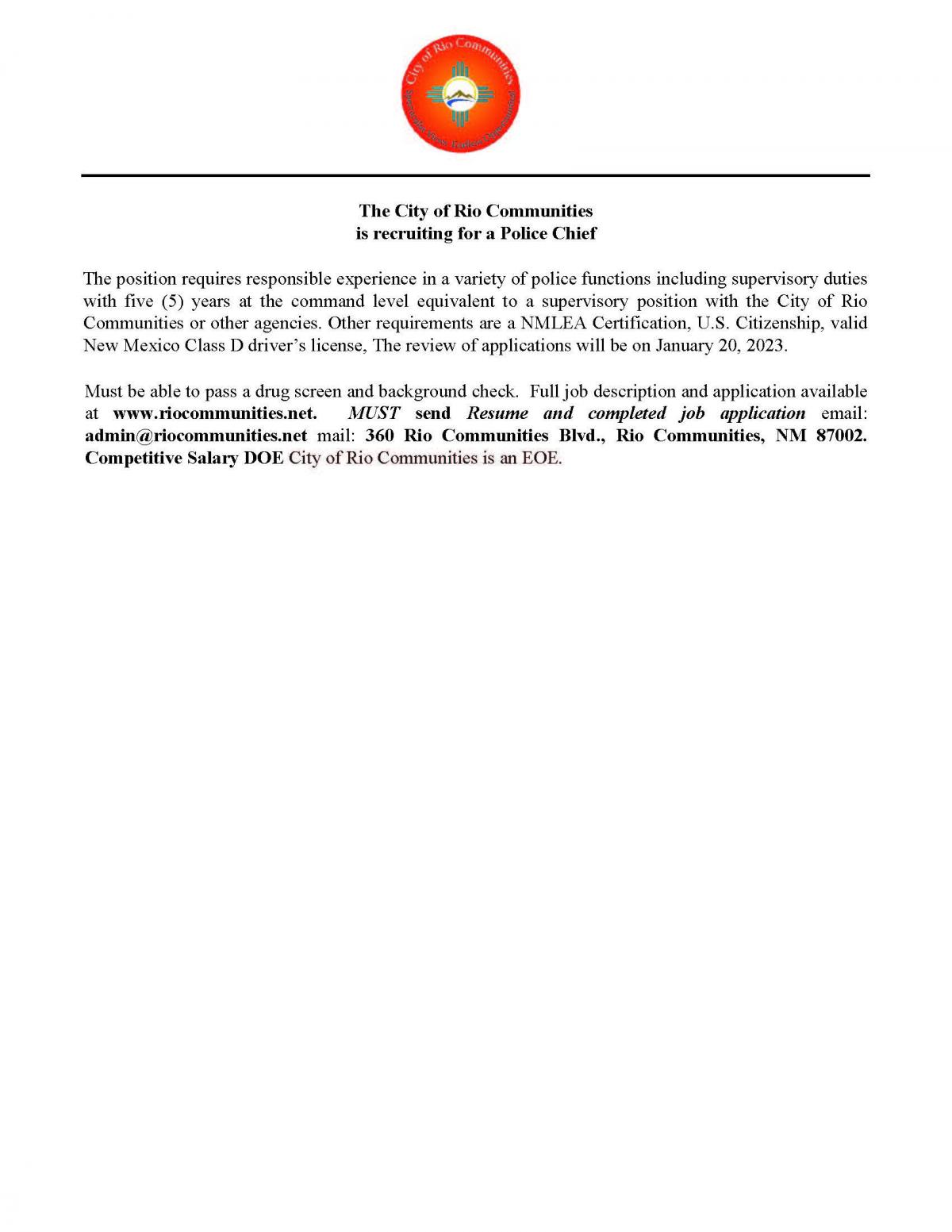 positions available for employment Police Chief Rio Communities New