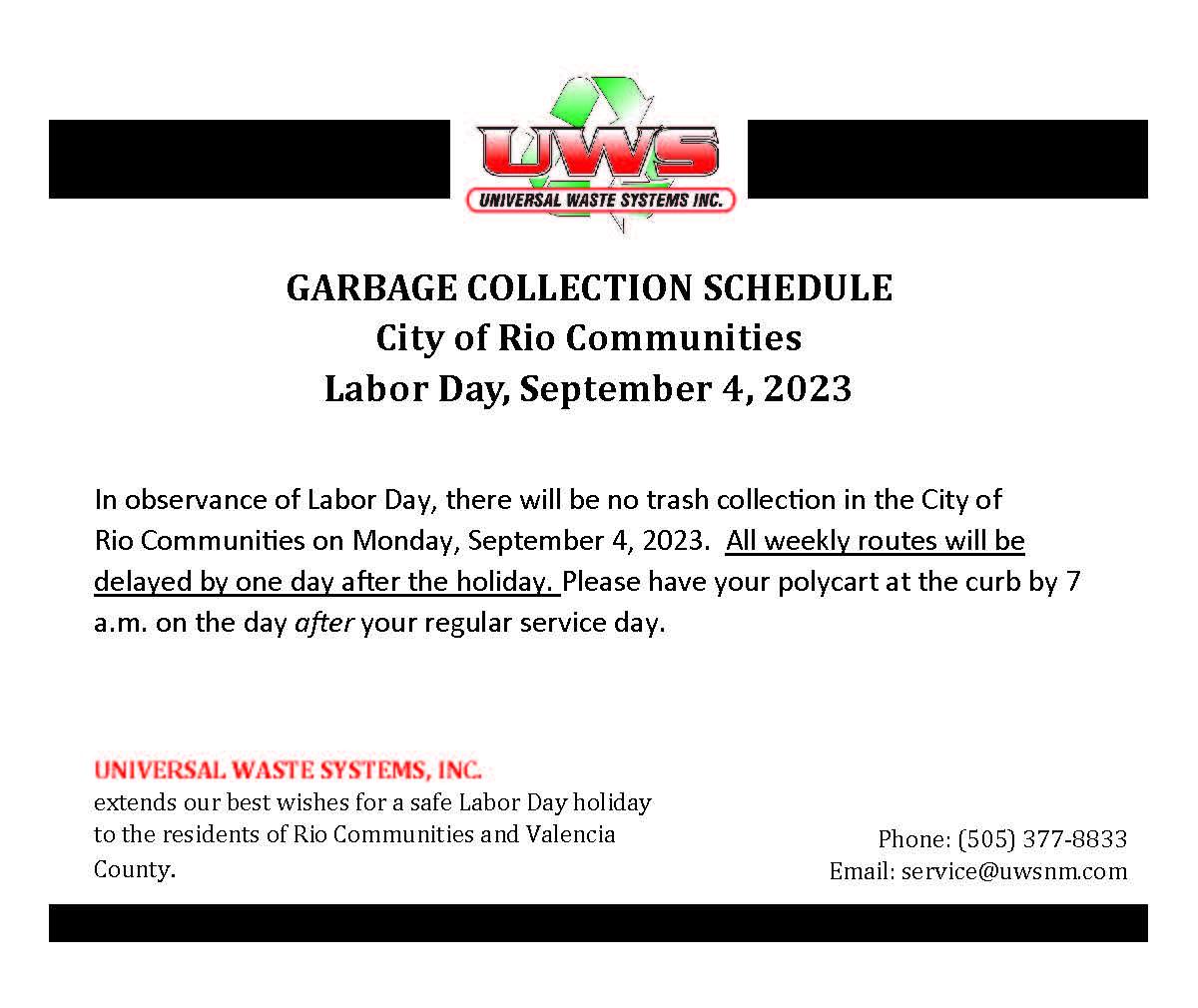 Universal Waste System Labor day trash schedule