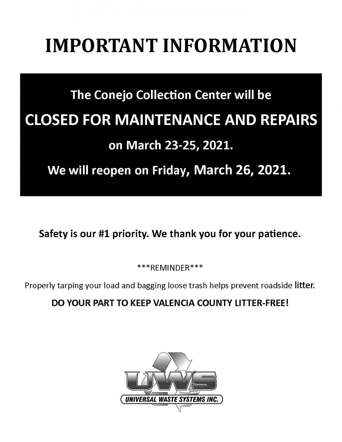 Conejo Collection Center closed for Maintenance and repairs 3/23-3/25 