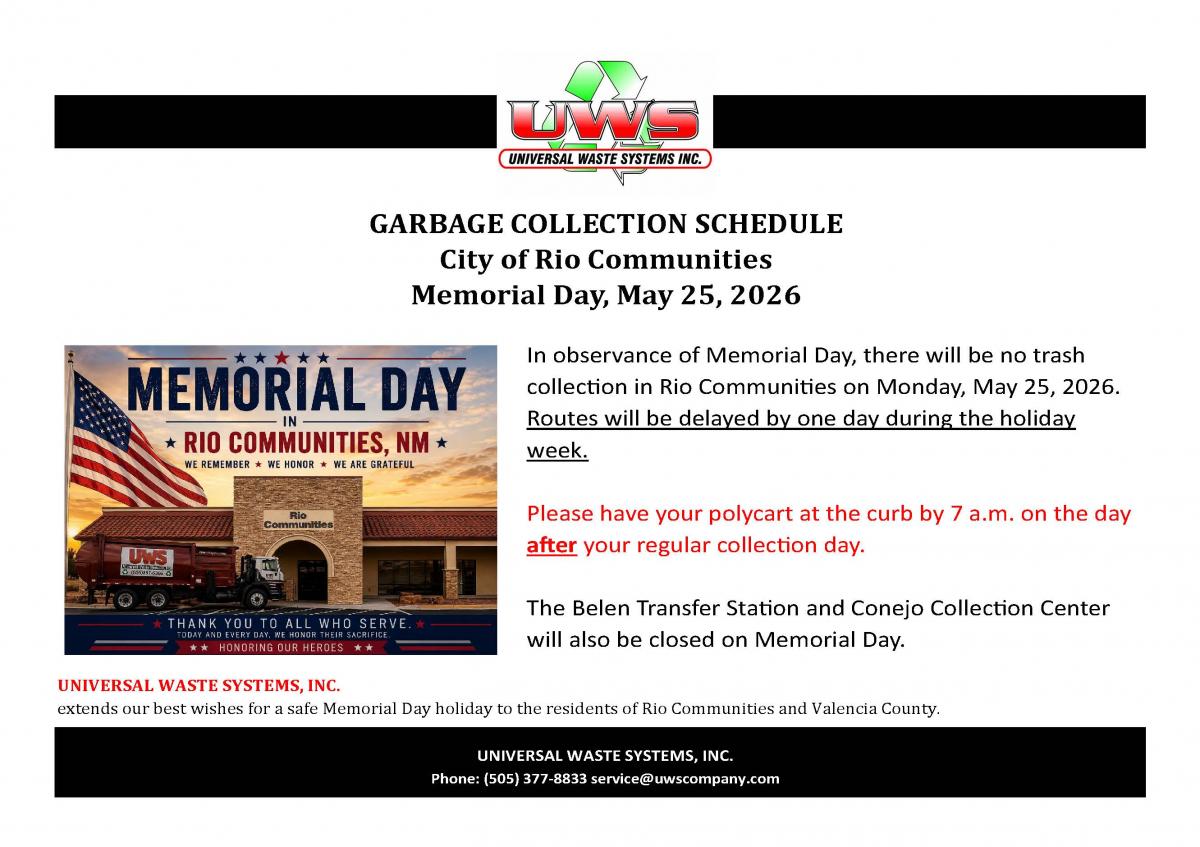 GARBAGE COLLECTION SCHEDULE City of Rio Communities Memorial Day, May 25, 2026