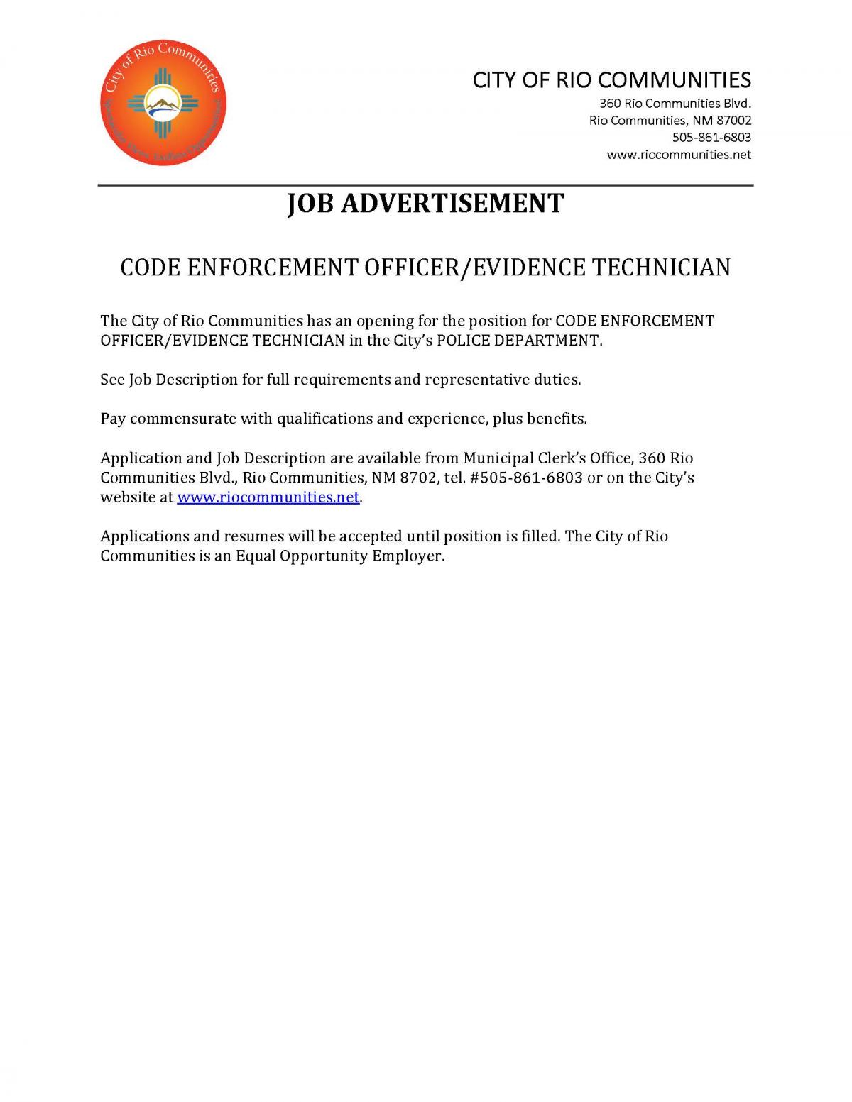 Job Advertisement - Code Enforcement Officer/Evidence Technician