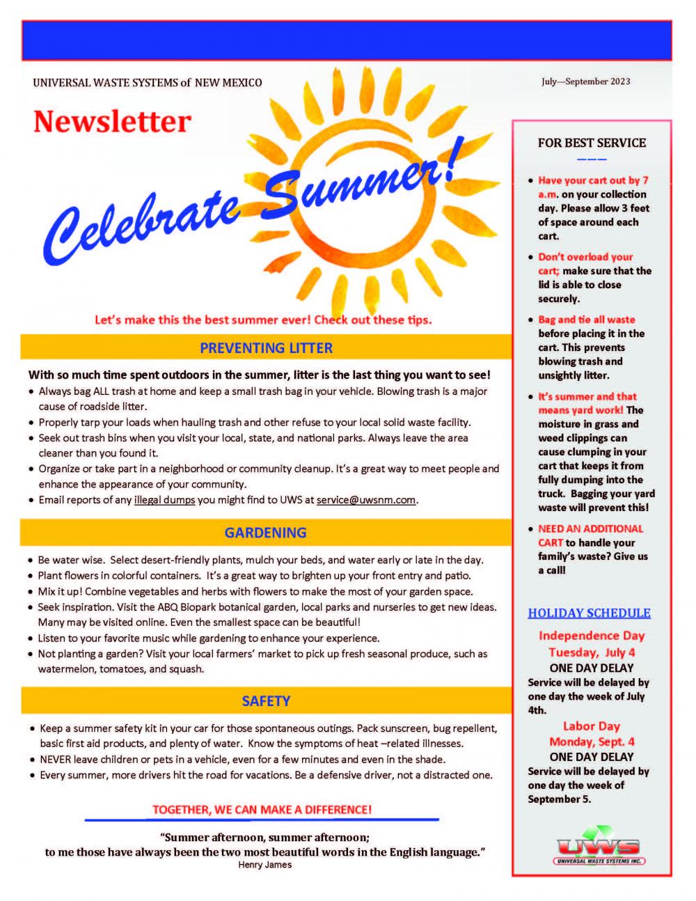 Universal Waste Systems Quarterly newsletter Rio Communities New Mexico