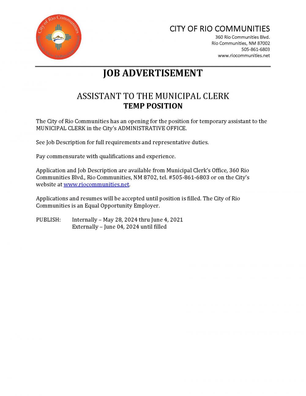 Temporary Assistant to the Municipal Clerk Rio Communities New Mexico